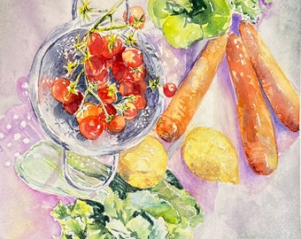Original Watercolor Vegetables Painting, Farmers Market Produce Artwork, Carrots, Lemons, Tomato, Lettuce Still Life Painting, Kitchen Wall
