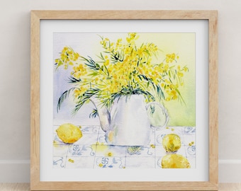 Original Watercolor Still Life Painting, Australian Golden Yellow Wattles and Lemons Artwork, Australian Still life, Kitchen Dining Room Art