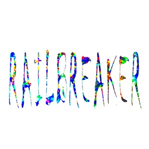 May include: The word "RAILBREAKER" in a colorful, abstract design. The letters are filled with a mosaic of blues, greens, yellows, and reds, set against a clean white background. The font is stylized and modern.