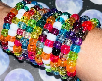 Set of Sparkly Rainbow Kandi Bracelets, Glittery Rave Jewelry, Festival Accessories, Party Favors, Gifts for Girls, Stretchy, Summer, Sunny