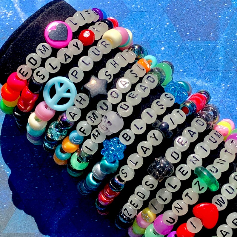 10 GLOW WORDS Kandi Beaded Bracelets Rave Accessories Etsy