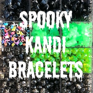 Set of 10 SPOOKY KANDI Beaded Bracelets - Scary, Dark, Emo, Goth Aesthetic - Rave Accessories, EDM Festivals - Party Pack, Grab Bag, Bundle