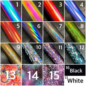 May include: A collection of 17 different iridescent vinyl sheets. The sheets are arranged in a grid pattern and numbered 1 through 17. The sheets are all different colors and have a holographic finish. The last two sheets are black and white.