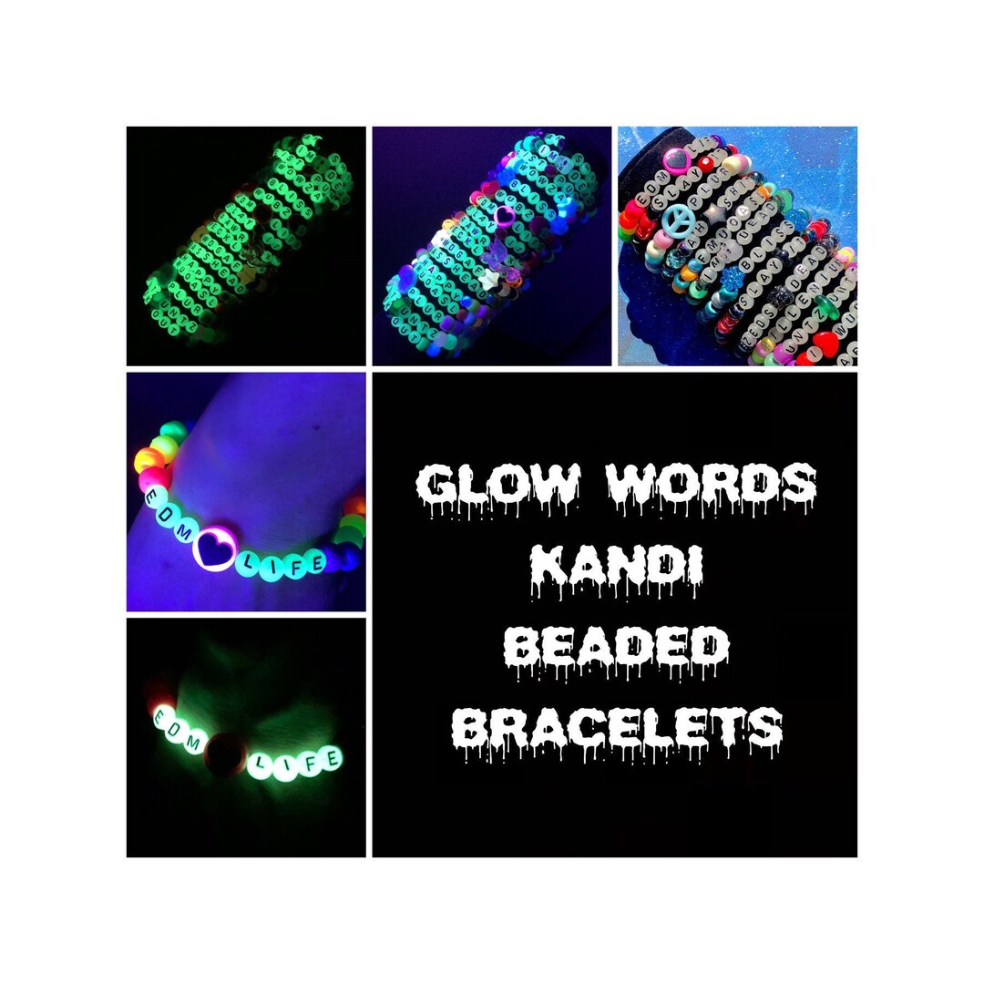 10 GLOW WORDS Kandi Beaded Bracelets Rave Accessories, Festival Wear
