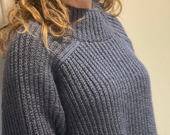 Hand Knitted Dark Blue Half Fisherman Patterned Sweater with Unique Shoulder Detail and High Neck