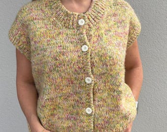 Handmade Chunky Knit Wool Vest, Multicolor Pastel Cardigan READY TO SHIP