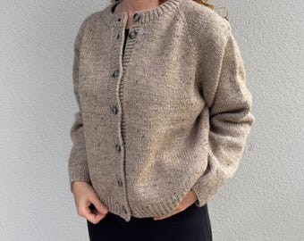 Handmade Knit Cardigan for Women, Beige Merino Wool Sweater, Soft Wool Blend Button-Up Knitwear, Cozy Fall Winter Outfit READY TO SHIP