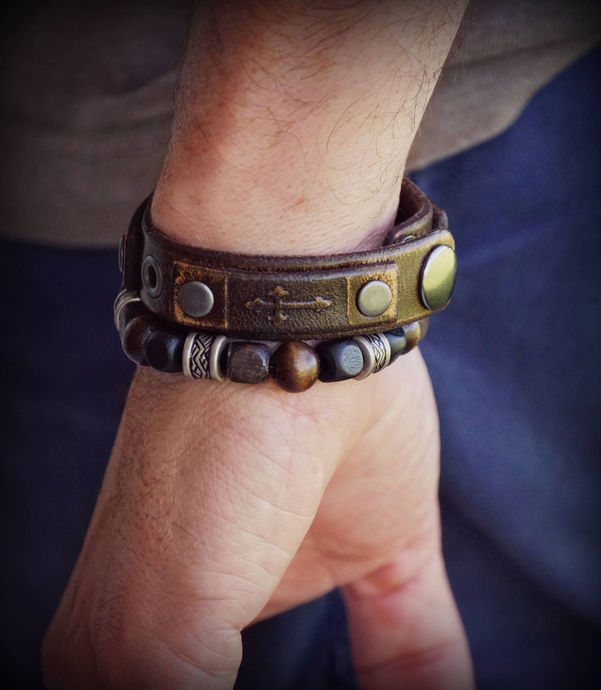 Genuine Wide Leather Cuff, Men Leather Bracelet, Brown