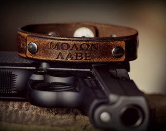 Leather Bracelet, Molon Labe Leather Bracelet, Unique Leather Bracelet