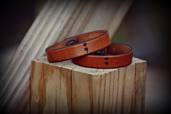 Set of 2 Semi Colon Bracelets, Leather Semi Colon Bracelet,  His and Her Semi Colon Bracelet.