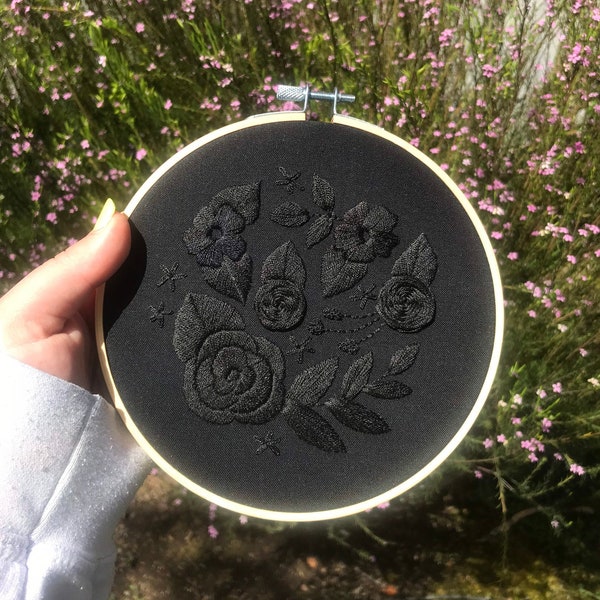 Black Monochrome Floral Art | 6” Floral Embroidery Hoop