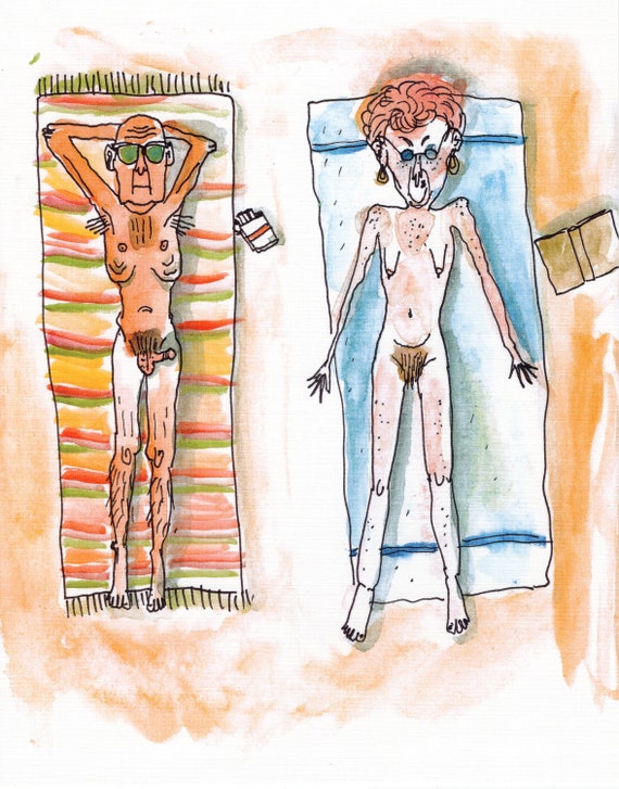 Nudists On The Beach Wall Art Illustration Etsy