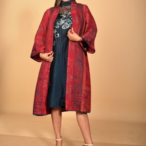 woman's jacket, wool coat, fuchsia, floral design, handmade, size S/M, pockets, merino wool, winter wear, front open, pockets, one of a kind image 1