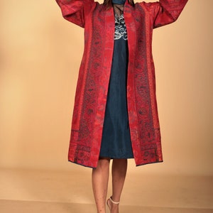 woman's jacket, wool coat, fuchsia, floral design, handmade, size S/M, pockets, merino wool, winter wear, front open, pockets, one of a kind image 2