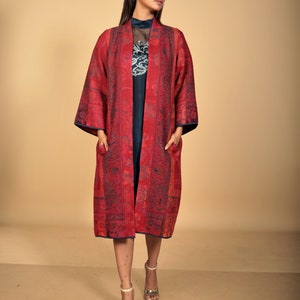 woman's jacket, wool coat, fuchsia, floral design, handmade, size S/M, pockets, merino wool, winter wear, front open, pockets, one of a kind image 4