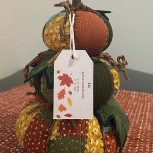 Pu&ograve; includere: Una decorazione a forma di zucca impilata e trapuntata con uno stelo di legno. La zucca &egrave; realizzata in tessuto di vari colori, tra cui arancione, giallo e verde. L'etichetta recita "Quilted Pumpkin Stacks" e le dimensioni sono 17.78cm x 17.78cm di larghezza e 29.21cm di altezza.