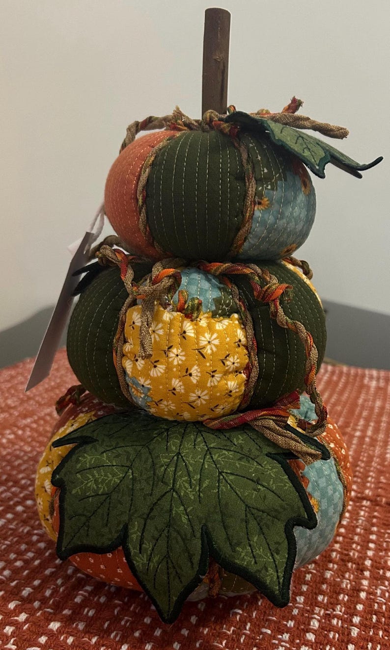 Pu&ograve; includere: Una zucca decorativa impilata in tessuto. La zucca ha tre sezioni nei toni dell'arancione, verde, giallo e blu. Ogni sezione &egrave; adornata con dettagli cuciti e un accento di corda ritorta. Un gambo di legno e foglie di tessuto completano la decorazione a tema autunnale.