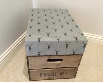 Wooden Vintage Style Reproduction Apple Crate Bushel Box Storage Seat with lid in Sophie Allport Highland Stag Fabric