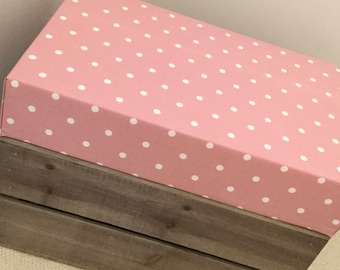 Clarke & Clarke Rose Pink Spotty fabric Wooden Vintage Style Reproduction Apple Crate Storage Seat / footstool with a Padded Fabric Lid