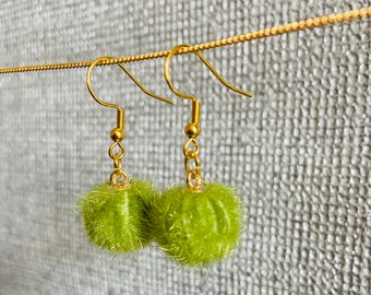 Green Pom Pom Earrings / Boho Pom Pom Earrings UK / Faux Mink Fur Earrings / Gold Plated Earrings / Party Favours