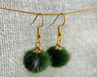 Pom Pom Earrings / Boho Pom Pom Earrings / Green Pom Pom Earrings / Gold Plated Earrings