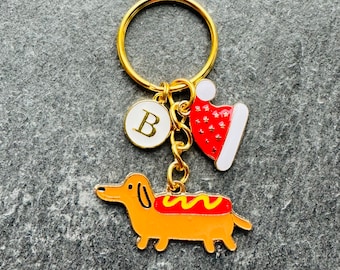 Christmas Sausage Dog Keyring / Dachshund Keyring  / Personalised Gift / Hot dog Keyring / Stocking Stuffer / Stocking Filler