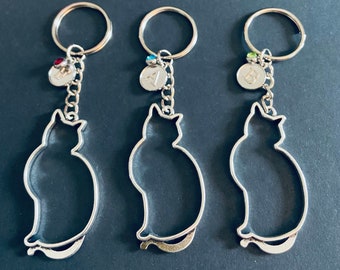 Cat Initialled Keyring  / Initialled Birthstone Keychain / Cat Gift