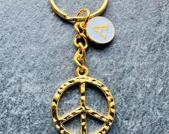 Peace Sign Gift For Her / Hammered Gold Keyring / Peace Sign Keyring