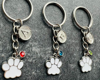 Dog Keyring / Personalised Birthstone Keyring / Dog Paw Keychain