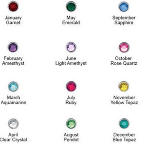 May include: Chart of birthstones for each month of the year. January is garnet, February is amethyst, March is aquamarine, April is clear crystal, May is emerald, June is light amethyst, July is ruby, August is peridot, September is sapphire, October is rose quartz, November is yellow topaz, and December is blue topaz.