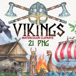 Könnte beinhalten: Aquarell-Clipart-Set mit Wikinger-Motiven, darunter ein gehörnter Helm, Äxte, ein Rabe, ein Langhaus, ein Eber, ein Wikingerschiff, ein Lagerfeuer und eine Statue eines nordischen Gottes. Das Set enthält 21 PNG-Dateien.