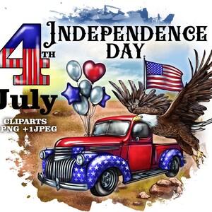 4 de julio Imágenes prediseñadas del día de la independencia, Sublimación, Camioneta roja, América patriótica, PNG de EE. UU., Ilustraciones de la bandera, Día conmemorativo del águila calva