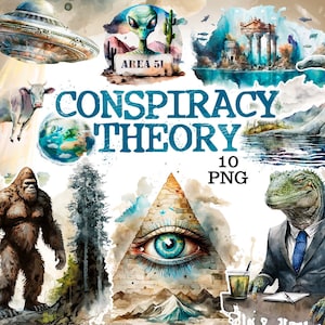 Clipart de acuarela de teorías de la conspiración: Pie Grande, extraterrestre y Lago Ness (PNG)