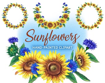 Sunflower hand-painted clipart, Cornflowers, Sunflower png, Wedding floral wreath, Sunflowers illustration, Sunflower set, Sunflower bouquet