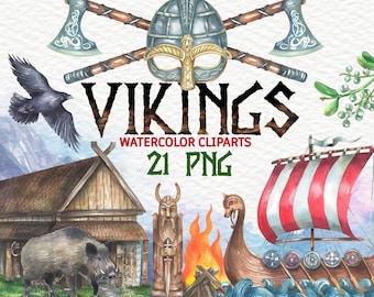 Imágenes prediseñadas de acuarela vikinga: conjunto PNG nórdico (descarga digital)