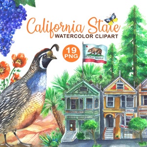 カリフォルニア州のクリップアート、水彩画 png、カリフォルニア州のシンボル、都市旅行、ヒメアカタテハ、ヤシの木、カリフォルニア州の地図、カリフォルニア州旗