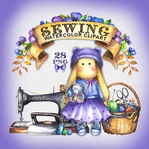Op de afbeelding: Waterverfillustratie van een naai-clipartset met een pop, een naaimachine, een strijkijzer, garenrollen, knopen, een schaar, garen en een mand met naaiaccessoires. De tekst "SEWING WATERCOLOR CLIPART 28 PNG" is in de afbeelding opgenomen.