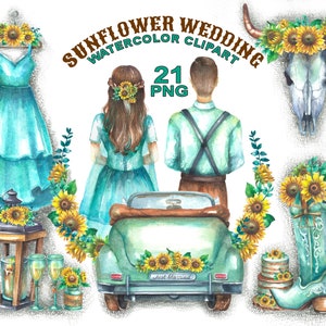 Op de afbeelding: Waterverf clipart set met een bruid en bruidegom in tealblauwe jurken en een vintage auto versierd met zonnebloemen. De set bevat ook een schedel met een zonnebloemenkroon, een paar cowboylaarzen, een lantaarn, champagne glazen en een taart.