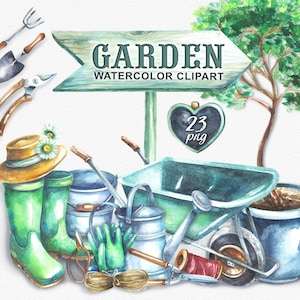Jardin aquarelle cliparts, jardinage Clipart ensemble, printemps clipart, jardin outils clipart, bottes en caoutchouc, brouette png, arrosoir rustique ferme