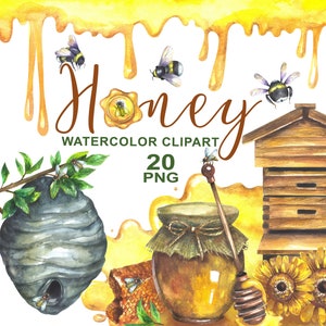 Op de afbeelding: Waterverf clipart set met honingthema. Bevat een bijenkorf, een honingpot, een honingraat, bijen en druppelende honing. De tekst "Honey Watercolor Clipart 20 PNG" is in de afbeelding opgenomen.