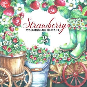 Aquarelle fraise Clipart, fraise png, brouette avec des fraises, seau de fraise, bottes de fraise, couronne de fraise printemps