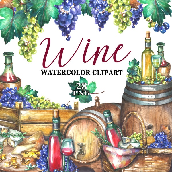 Watercolor Wine clipart; Wine png; Wedding clipart; Grapes; Wine glasses; Bottle; Picnic clipart; wine basket; Barrel Cheese Sublimation png