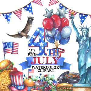 Acuarela 4 de julio clipart, Día de la Independencia, América patriótica, EE. UU. png, Imágenes prediseñadas del 4 de julio, Ilustraciones de banderas, Barbacoa, pegatinas
