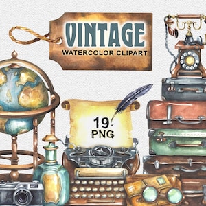 Imágenes Prediseñadas de acuarela vintage; ilustración de época; Objetos antiguos; imágenes prediseñadas retro; elementos antiguos; vieja cámara; globo; máquina de escribir; maletas