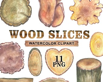 Watercolor Wood Slices Clipart: Rustic Wedding Frames (PNG Digital Download)