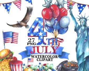 Akvarell 4 juli Clipart: Patriotiska USA PNG-illustrationer (digital nedladdning)