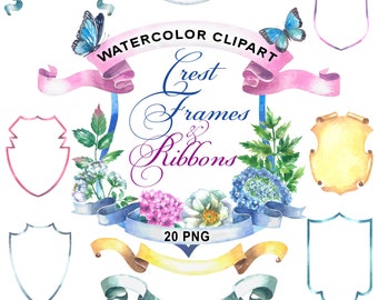 Watercolor crest frames and ribbons, Romantic crest collection, Wedding crest, Family crest, Vintage style, Floral frame clipart, Hand drawn