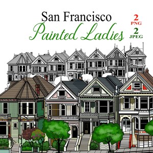 Painted ladies San Francisco art numérique, affiche Illustration colorée de Californie Téléchargement instantané Digital Clipart Noir et blanc victorien