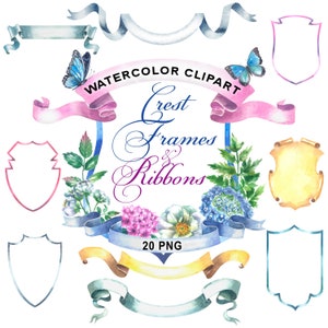 Watercolor crest frames and ribbons, Romantic crest collection, Wedding crest, Family crest, Vintage style, Floral frame clipart, Hand drawn