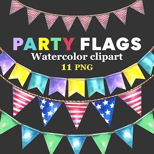 Party flags Watercolor clipart, Bunting Clipart, Watercolor Banners, Colorful Bunting, Bunting Bundle, Festive flags, Birthday clip art, png